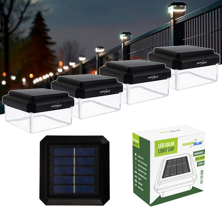 Lámpara LED solar para poste GreenBlue, 100 x 100 mm, cubierta en forma de sobre, 3200 K, GB128 WW, 4 unidades