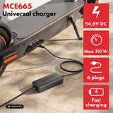 Cargador universal / Fuente de alimentación Maclean Energy, para patinetes, 54,6 V CC, 2 A, máx. 110 W, carga rápida, 6 enchufes, MCE665