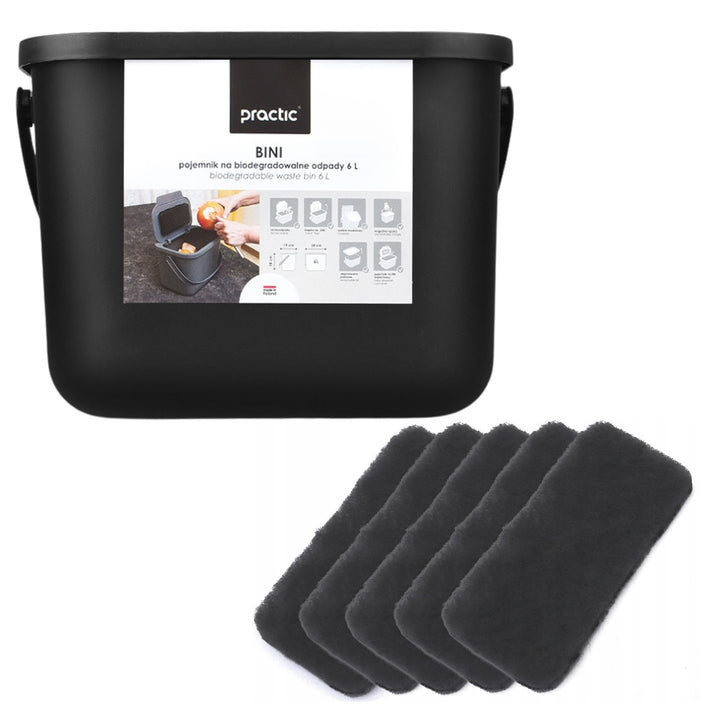 Contenedor para residuos orgánicos de 6 l, negro, Bini Practic + 5 filtros de carbón Practic