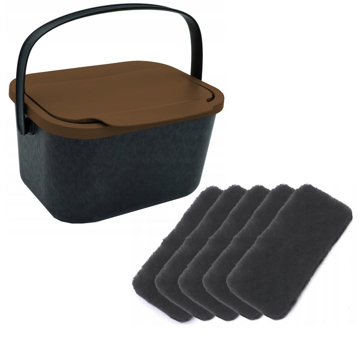 Contenedor para residuos orgánicos, capacidad de 4,5 litros, negro con tapa marrón, Mini Bini + 5 filtros de carbón Practic