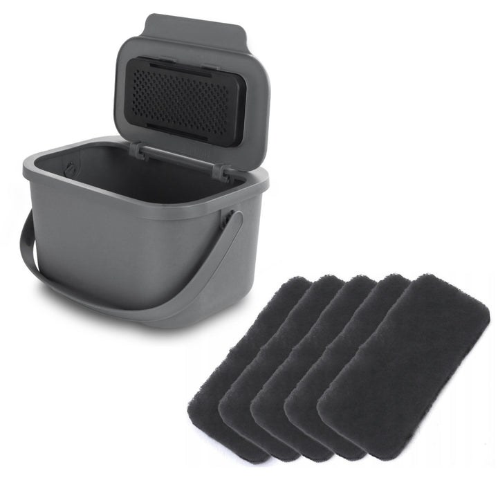 Contenedor para residuos orgánicos, capacidad de 4,5 litros, color gris, Mini Bini + 5 filtros de carbón Practic