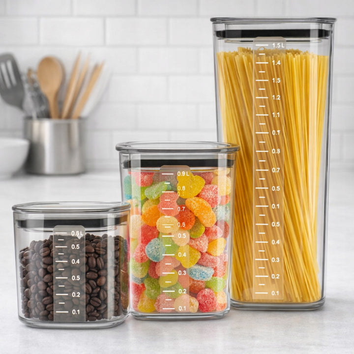 Recipientes de cocina Practic, para productos a granel, capacidad de 0,6 l, 0,9 l y 1,5 l, con tapas con junta de estanqueidad,