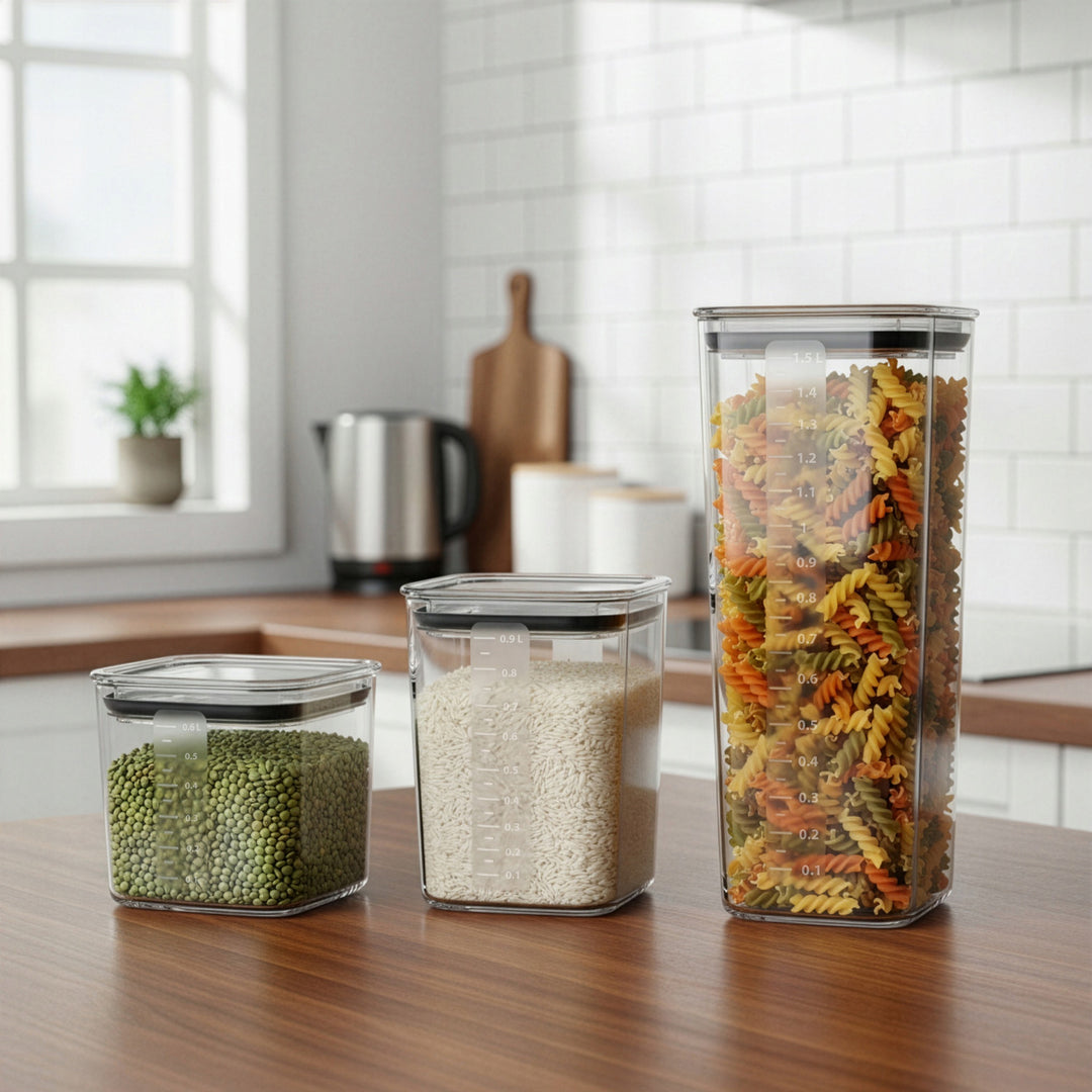 Recipientes de cocina Practic, para productos a granel, capacidad de 0,6 l, 0,9 l y 1,5 l, con tapas con junta de estanqueidad,