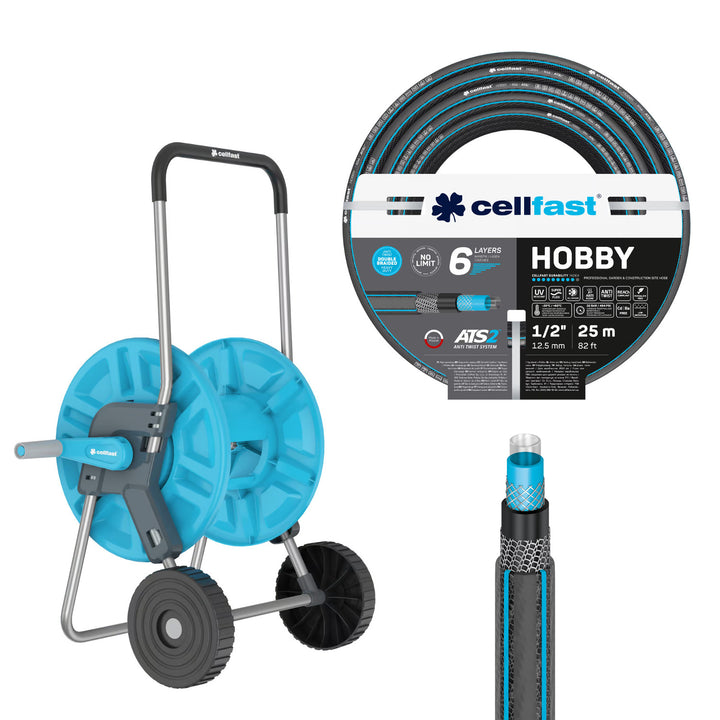 Carro para manguera Cellfast Aluplus de 1/2" y 60 m + manguera de jardín Cellfast Hobby ATS2 de 1/2" y 25 m