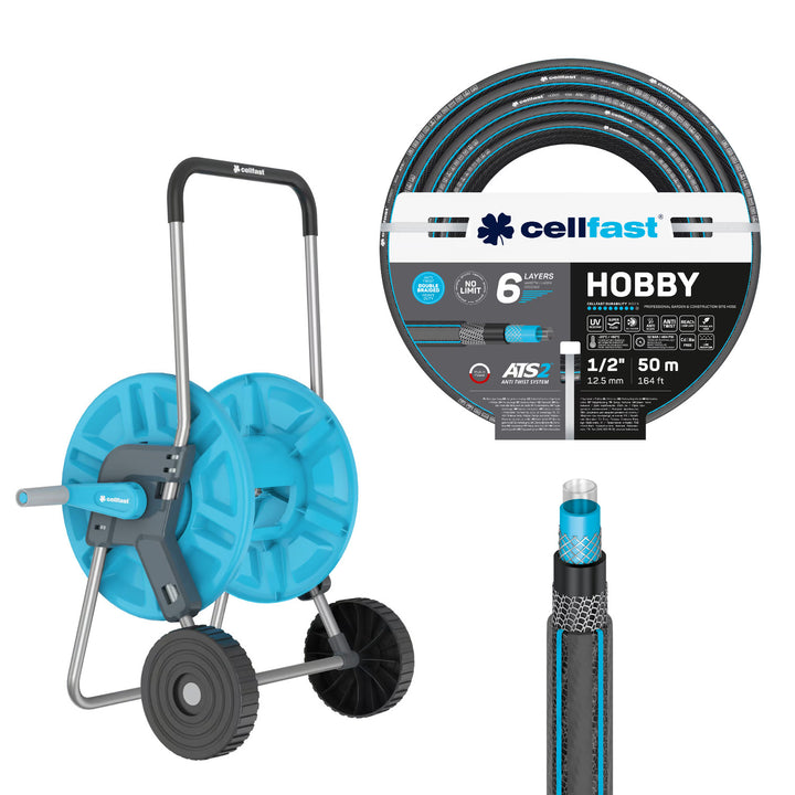Carro para manguera Cellfast Aluplus de 1/2" y 60 m + manguera de jardín Cellfast Hobby ATS2 de 1/2" y 50 m
