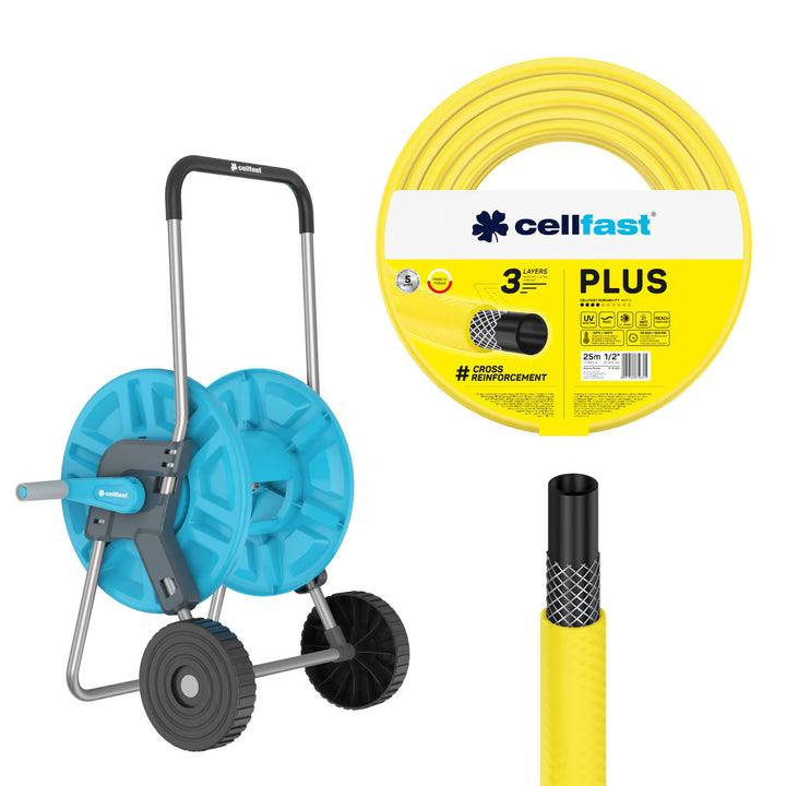 Carro para manguera Cellfast Aluplus de 1/2" y 60 m + manguera de jardín Cellfast Plus de 1/2" y 25 m