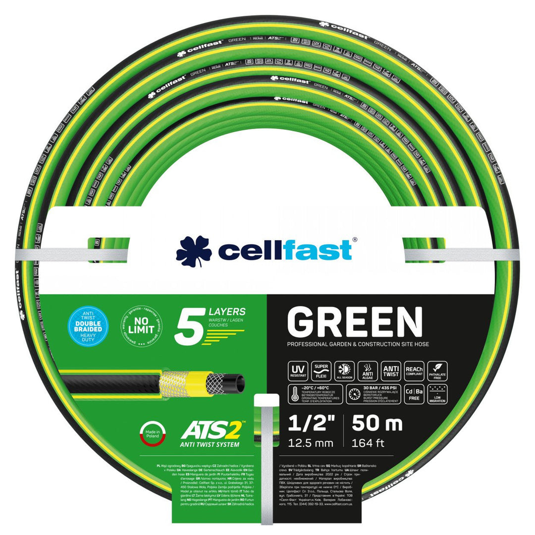 Carro para manguera Cellfast Aluplus de 1/2" y 60 m + manguera de jardín Cellfast Green ATS2 de 1/2" y 50 m + juego con aspersor recto Cellfast Basic de 1/2"