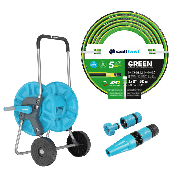 Carro para manguera Cellfast Aluplus de 1/2" y 60 m + manguera de jardín Cellfast Green ATS2 de 1/2" y 50 m + juego con aspersor recto Cellfast Basic de 1/2"