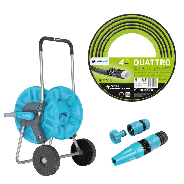 Carro para manguera Cellfast Aluplus de 1/2" y 60 m + manguera de jardín Cellfast Quattro de 1/2" y 15 m + juego con aspersor recto Cellfast Basic de 1/2"