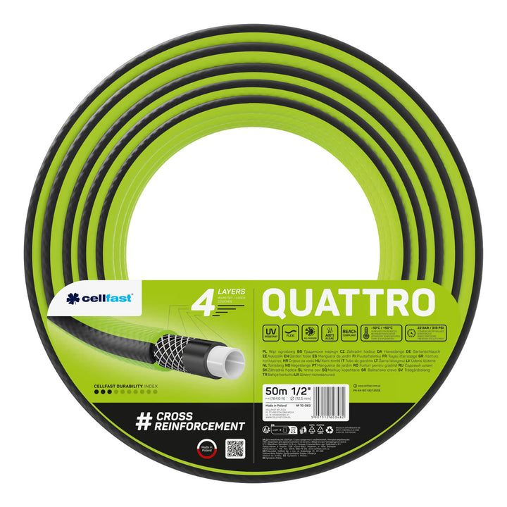 Carro para manguera Cellfast Aluplus de 1/2" y 60 m + manguera de jardín Cellfast Quattro de 1/2" y 50 m + juego con aspersor recto Cellfast Basic de 1/2"