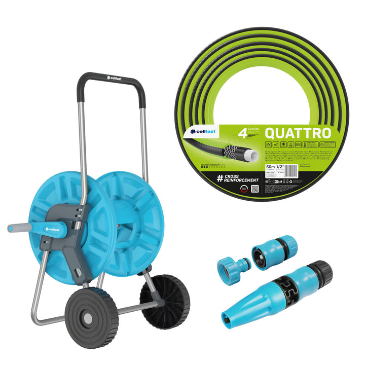 Carro para manguera Cellfast Aluplus de 1/2" y 60 m + manguera de jardín Cellfast Quattro de 1/2" y 50 m + juego con aspersor recto Cellfast Basic de 1/2"