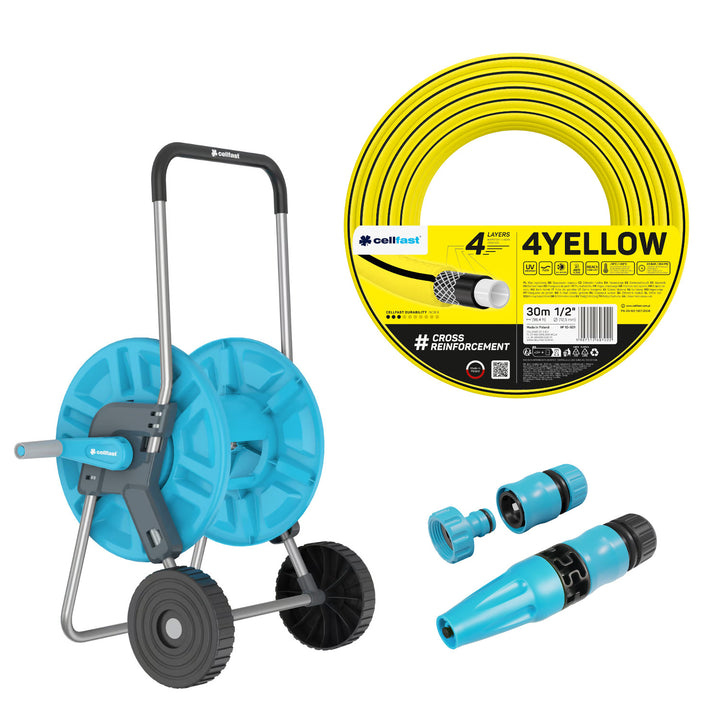 Carro para manguera Cellfast Aluplus de 1/2" y 60 m + manguera de jardín Cellfast 4YELLOW de 1/2" y 30 m + juego con aspersor recto Cellfast Basic de 1/2"