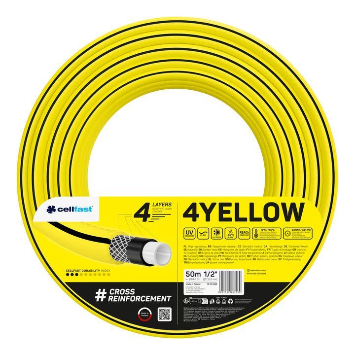 Carro para manguera Cellfast Aluplus de 1/2" y 60 m + manguera de jardín Cellfast 4YELLOW de 1/2" y 50 m + juego con aspersor recto Cellfast Basic de 1/2"