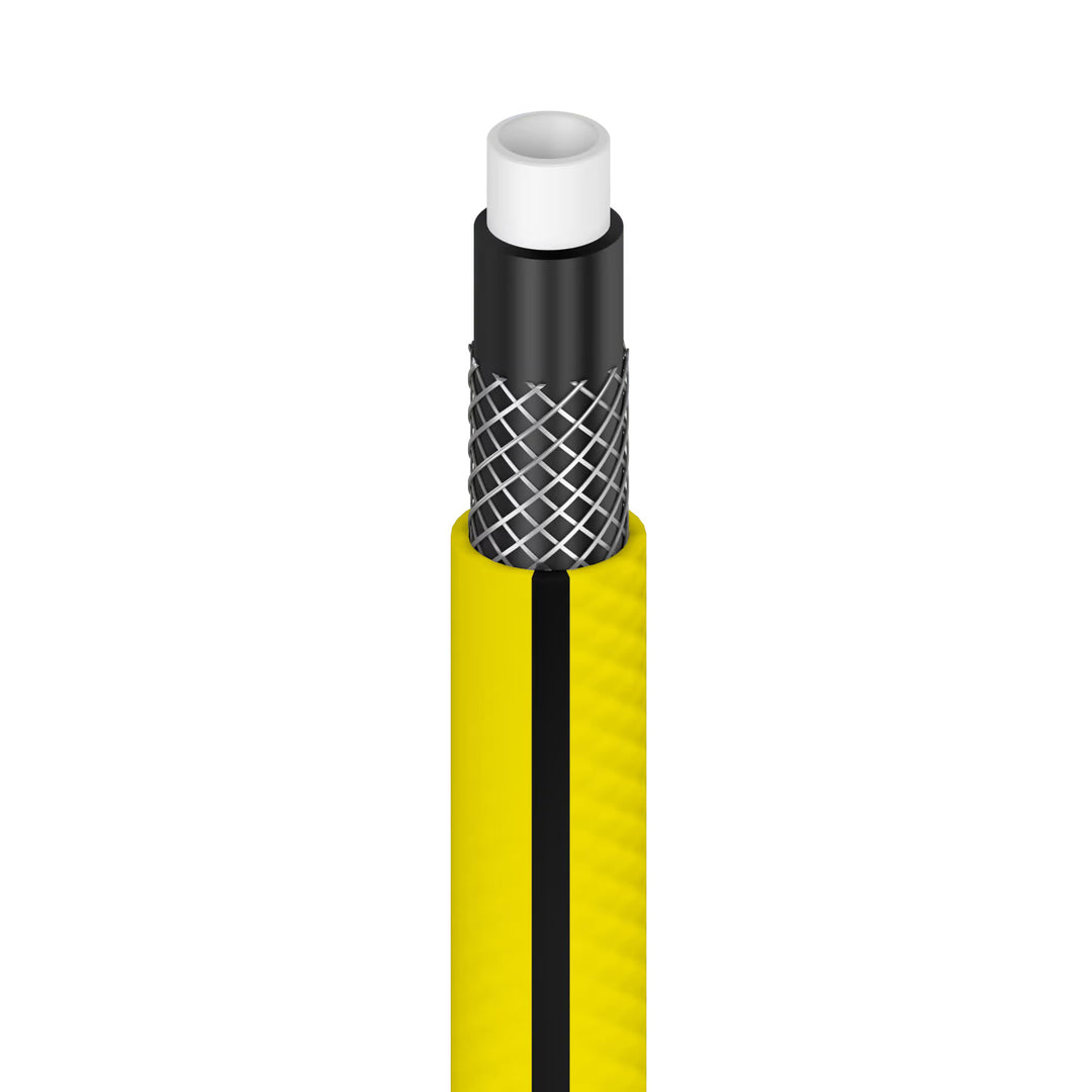 Carro para manguera Cellfast Aluplus de 1/2" y 60 m + manguera de jardín Cellfast 4YELLOW de 1/2" y 50 m + juego con aspersor recto Cellfast Basic de 1/2"
