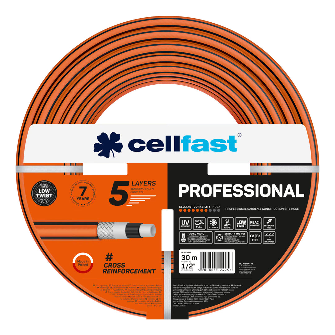 Carro para manguera Cellfast Aluplus de 1/2" y 60 m + Manguera de jardín Cellfast PROFESSIONAL de 1/2" y 30 m + Set con aspersor recto Cellfast Basic de 1/2"
