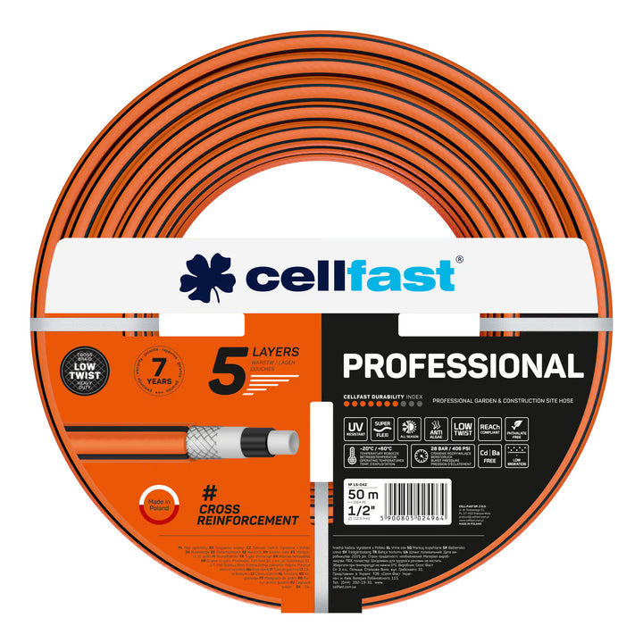 Carro para manguera Cellfast Aluplus de 1/2" y 60 m + Manguera de jardín Cellfast PROFESSIONAL de 1/2" y 50 m + Set con aspersor recto Cellfast Basic de 1/2"