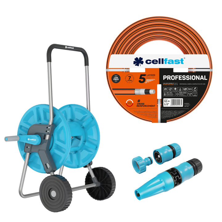Carro para manguera Cellfast Aluplus de 1/2" y 60 m + Manguera de jardín Cellfast PROFESSIONAL de 1/2" y 50 m + Set con aspersor recto Cellfast Basic de 1/2"