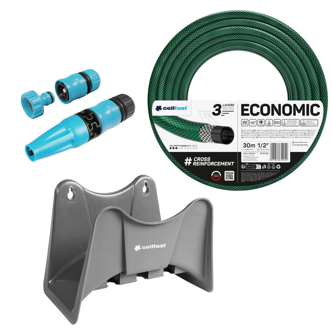 Manguera de jardín Cellfast Economic de 1/2" y 30 m + soporte para manguera Cellfast gris + kit con aspersor recto Cellfast Basic de 1/2"