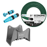 Manguera de jardín Cellfast Economic de 1/2" y 10 m + soporte para manguera Cellfast gris + kit con aspersor recto Cellfast Basic de 1/2"