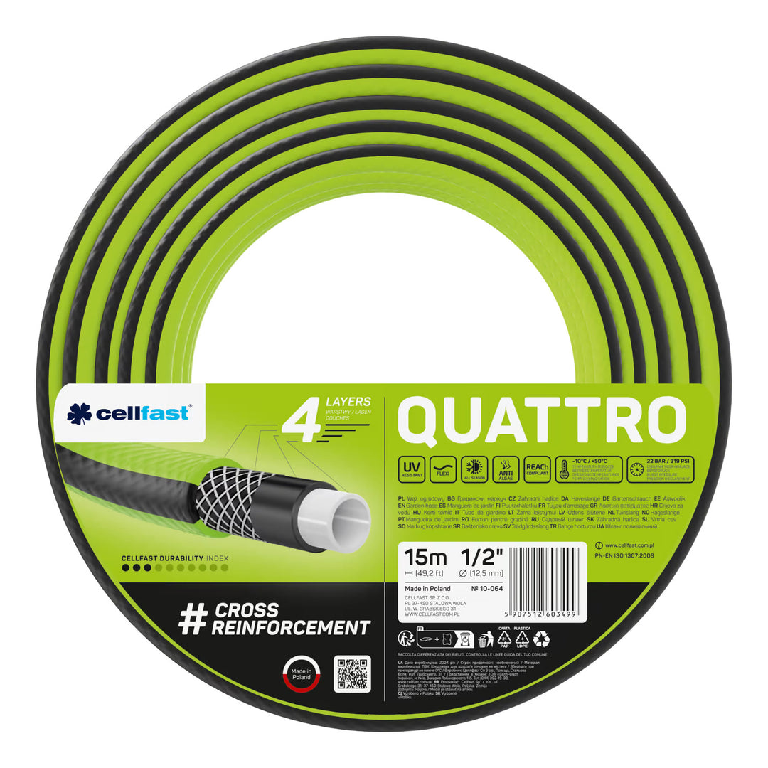 Manguera de jardín Cellfast Quattro de 1/2" y 15 m + soporte para manguera Cellfast gris + kit con aspersor recto Cellfast Basic de 1/2"