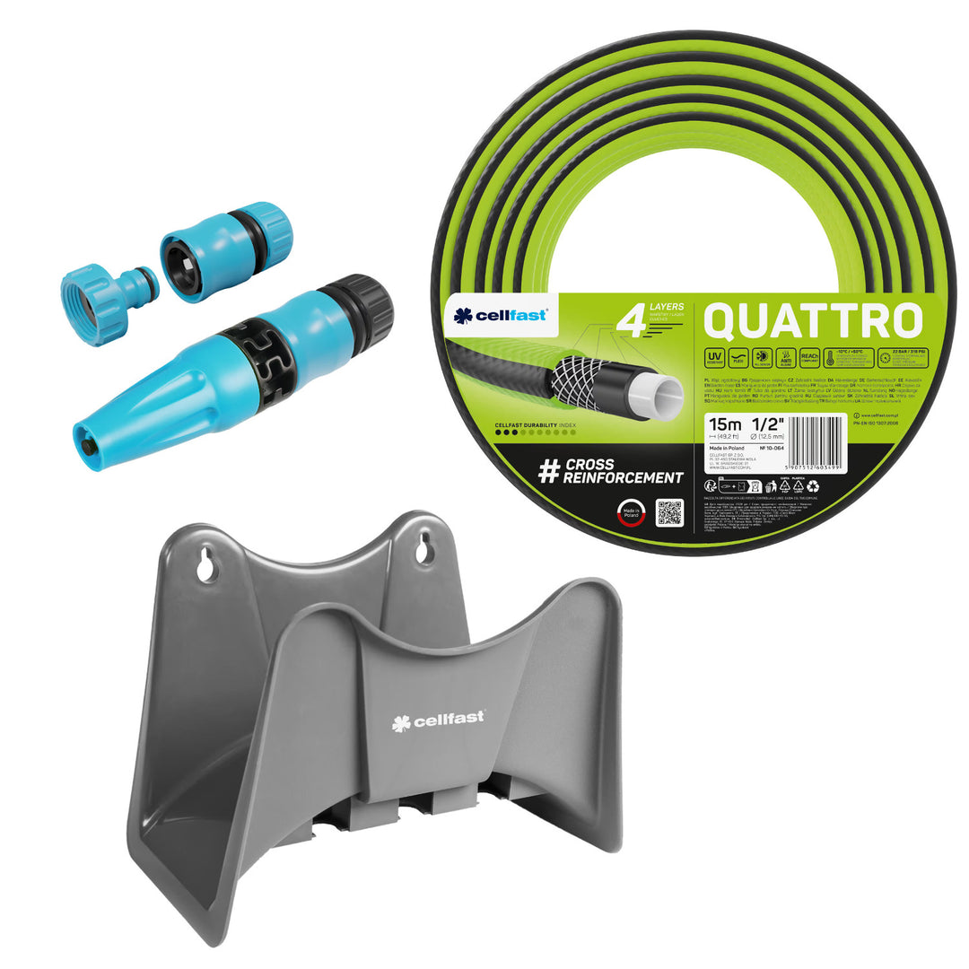 Manguera de jardín Cellfast Quattro de 1/2" y 15 m + soporte para manguera Cellfast gris + kit con aspersor recto Cellfast Basic de 1/2"