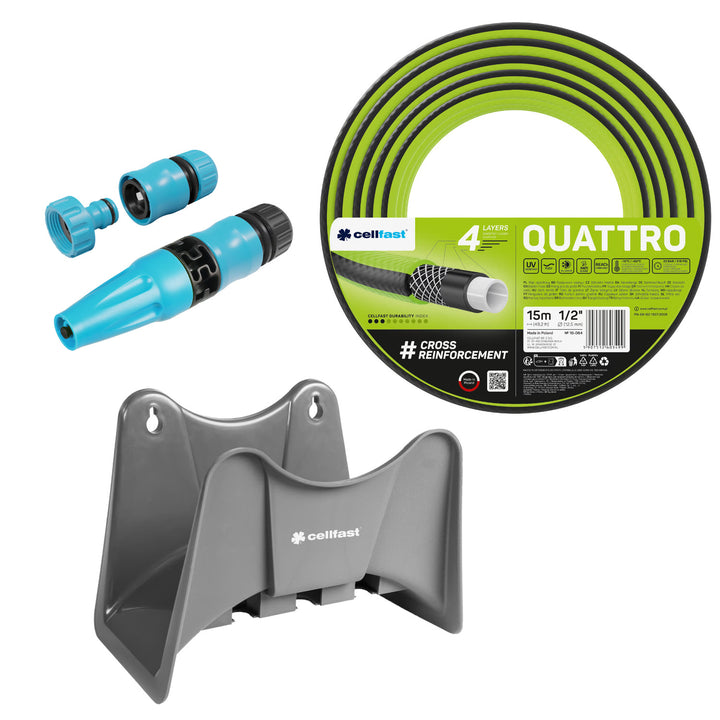 Manguera de jardín Cellfast Quattro de 1/2" y 15 m + soporte para manguera Cellfast gris + kit con aspersor recto Cellfast Basic de 1/2"