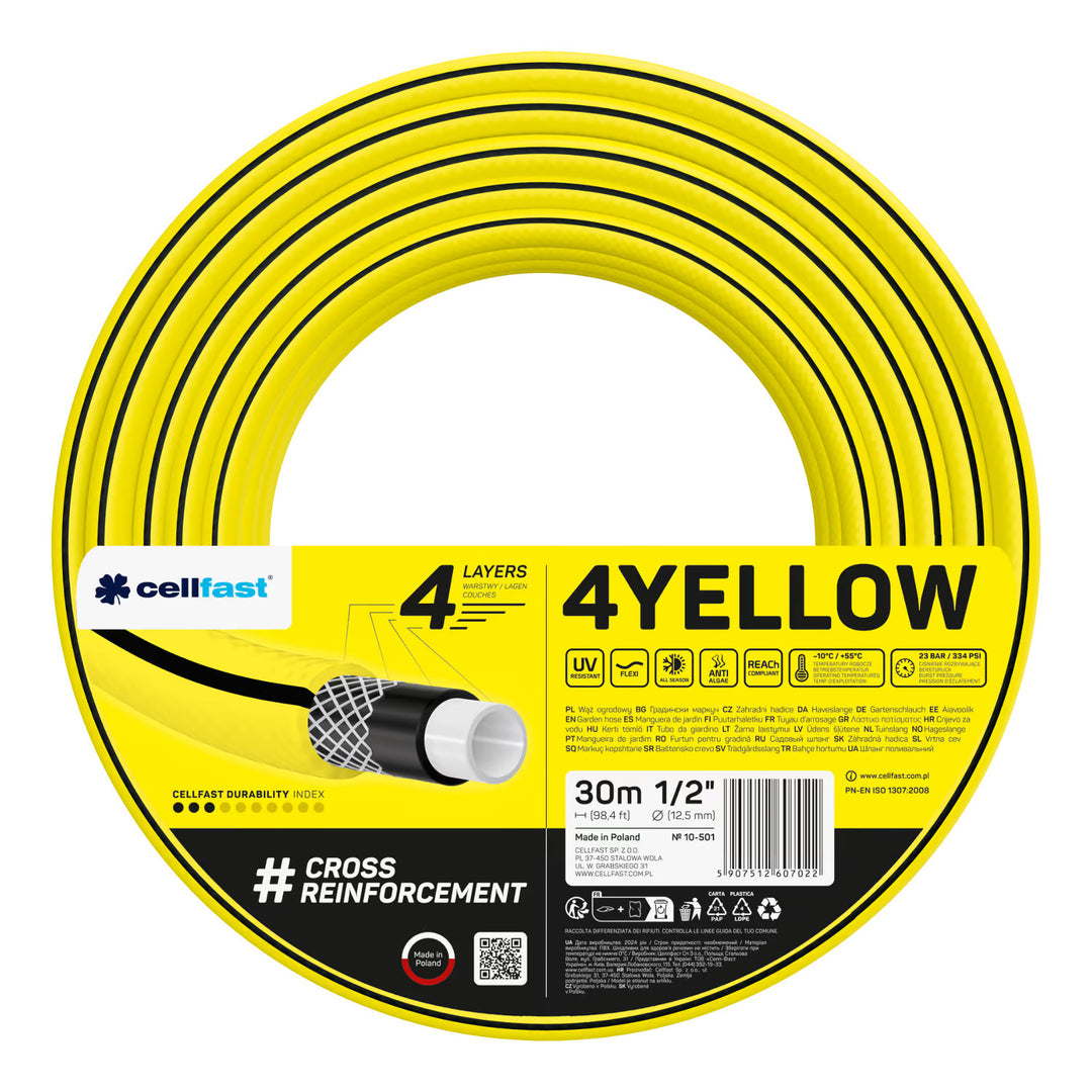 Manguera de jardín Cellfast 4YELLOW de 1/2" y 30 m + soporte para manguera Cellfast gris + kit con aspersor recto Cellfast Basic de 1/2"