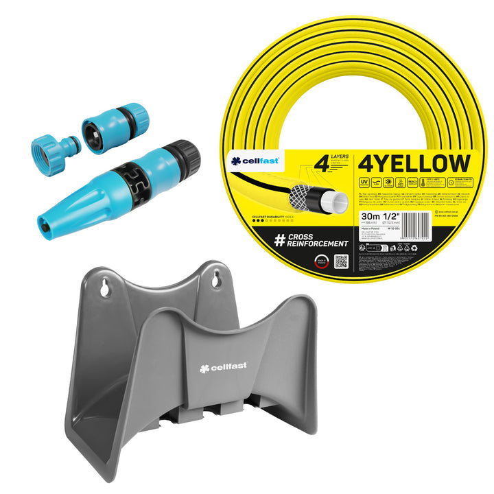 Manguera de jardín Cellfast 4YELLOW de 1/2" y 30 m + soporte para manguera Cellfast gris + kit con aspersor recto Cellfast Basic de 1/2"