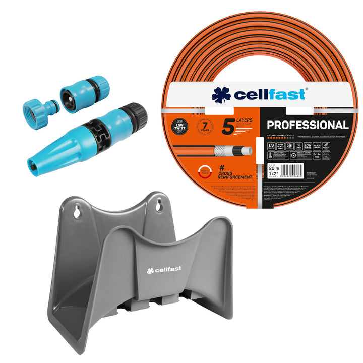 Manguera de jardín Cellfast, PROFESSIONAL 1/2" 20 m + soporte para manguera Cellfast gris +  set con aspersor recto Cellfast Basic 1/2"