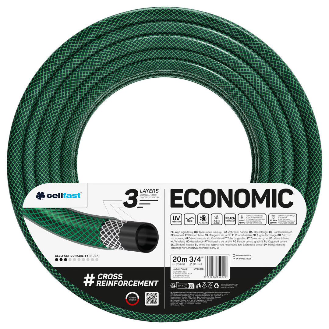 Manguera de jardín Cellfast Economic de 3/4" y 20 m + aspersor recto + racor con rosca interior de 3/4" + racor rápido de paso y de cierre de 3/4"