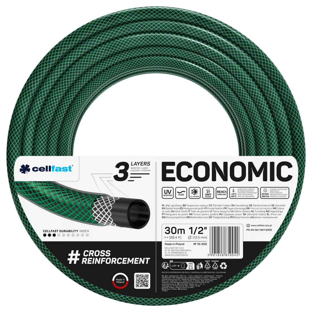 Manguera de jardín Cellfast Economic de 1/2" y 30 m + soporte, racor con rosca interior de 3/4", racor rápido de paso y de cierre de 1/2" + aspersor recto Cellfast Economic