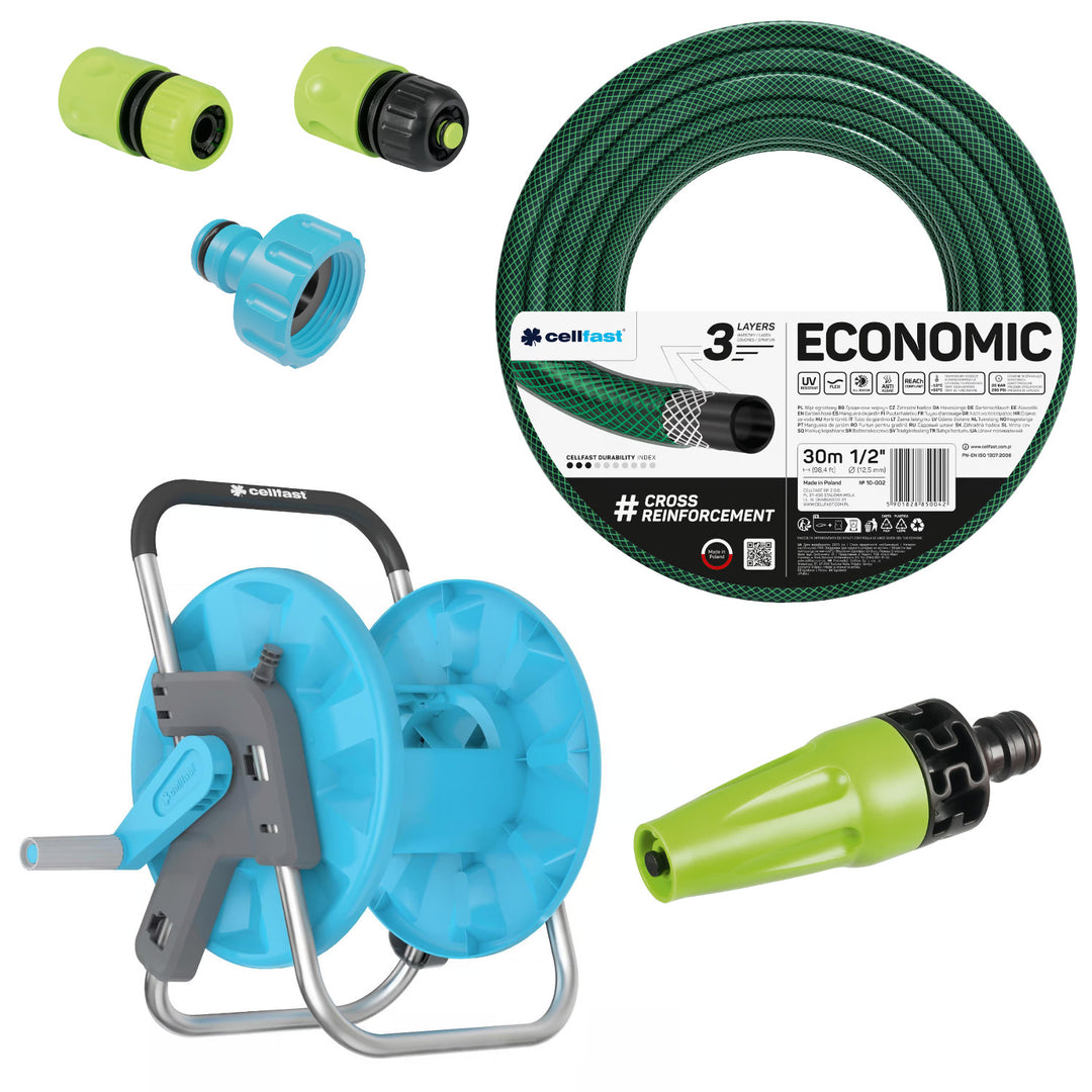 Manguera de jardín Cellfast Economic de 1/2" y 30 m + soporte, racor con rosca interior de 3/4", racor rápido de paso y de cierre de 1/2" + aspersor recto Cellfast Economic