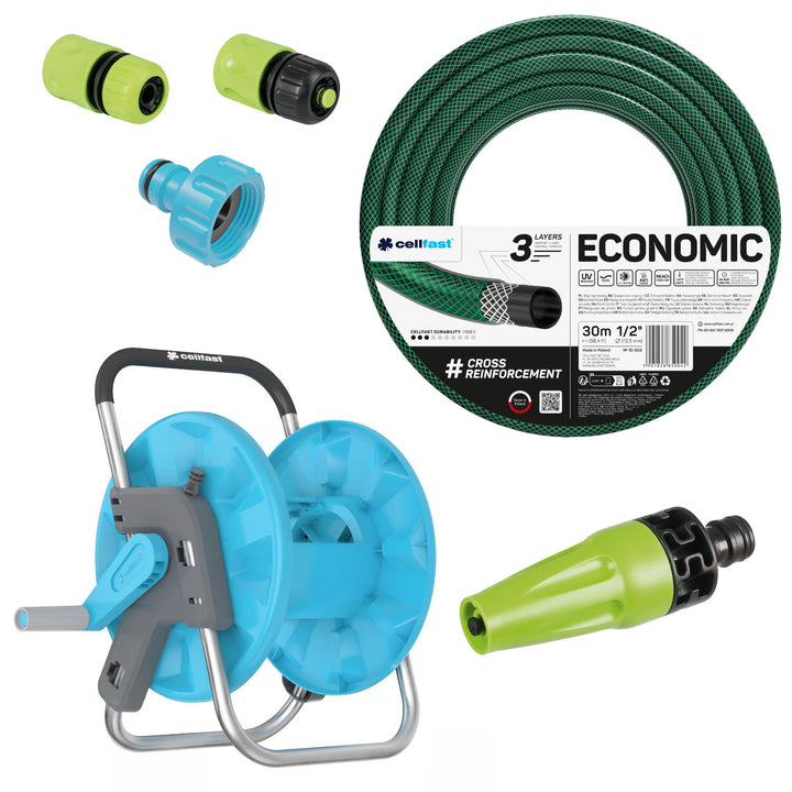 Manguera de jardín Cellfast Economic de 1/2" y 30 m + soporte, racor con rosca interior de 3/4", racor rápido de paso y de cierre de 1/2" + aspersor recto Cellfast Economic