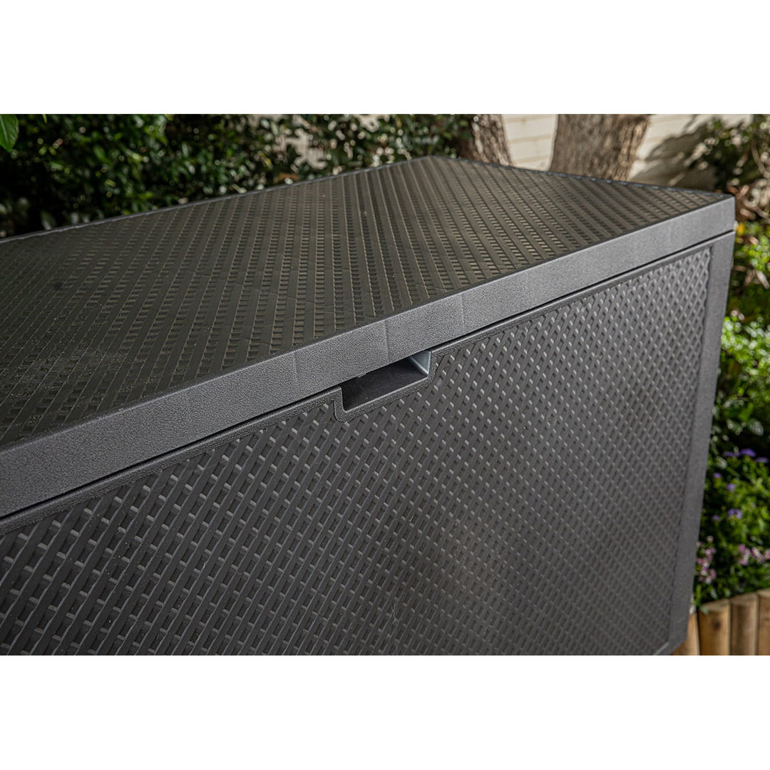 Caja de jardín Keter Emily, capacidad de 277 l, color antracita, carga máxima de 20 kg, resistente a la intemperie, con asas y ruedas, 249722