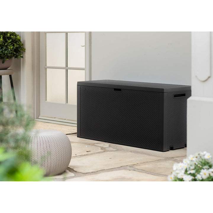 Caja de jardín Keter Emily, capacidad de 277 l, color antracita, carga máxima de 20 kg, resistente a la intemperie, con asas y ruedas, 249722