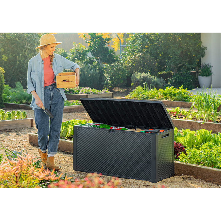 Caja de jardín Keter Emily, capacidad de 277 l, color antracita, carga máxima de 20 kg, resistente a la intemperie, con asas y ruedas, 249722