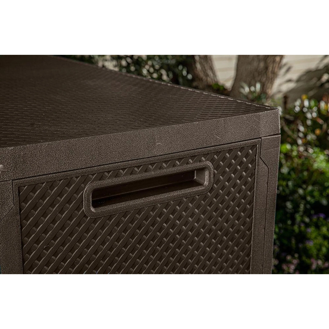 Caja de jardín Keter Emily, capacidad de 277 l, color marrón, carga máxima de 20 kg, resistente a la intemperie, con asas y ruedas, 249719