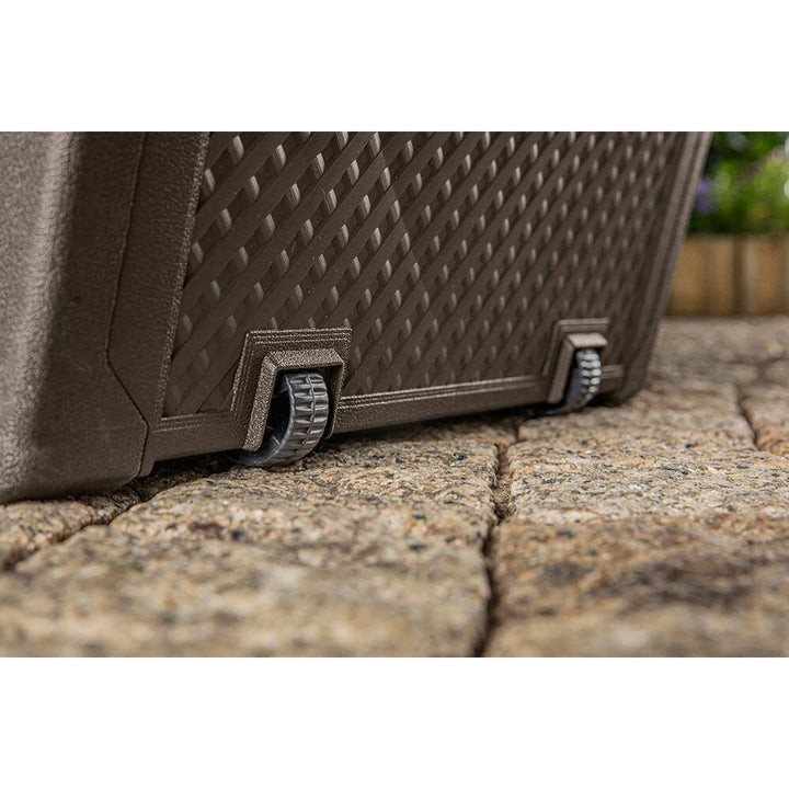 Caja de jardín Keter Emily, capacidad de 277 l, color marrón, carga máxima de 20 kg, resistente a la intemperie, con asas y ruedas, 249719