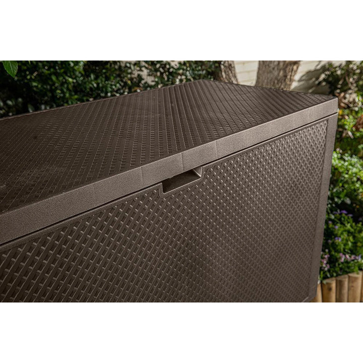Caja de jardín Keter Emily, capacidad de 277 l, color marrón, carga máxima de 20 kg, resistente a la intemperie, con asas y ruedas, 249719