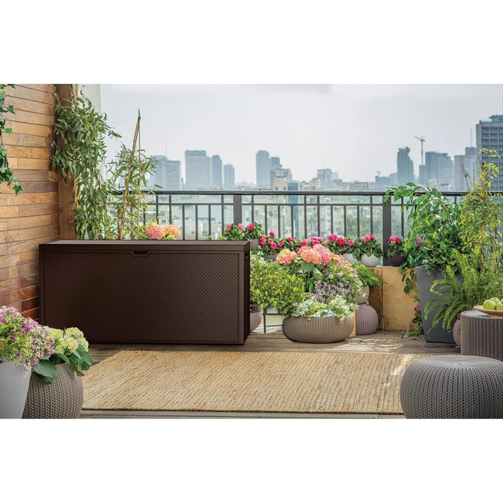 Caja de jardín Keter Emily, capacidad de 277 l, color marrón, carga máxima de 20 kg, resistente a la intemperie, con asas y ruedas, 249719