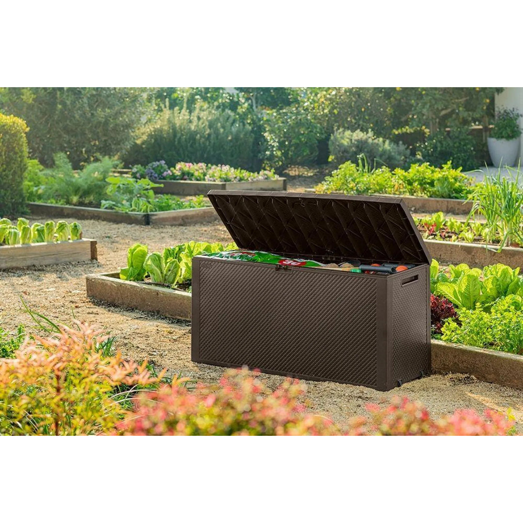 Caja de jardín Keter Emily, capacidad de 277 l, color marrón, carga máxima de 20 kg, resistente a la intemperie, con asas y ruedas, 249719