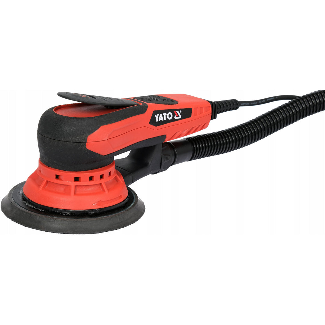 Lijadora excéntrica Yato, 150 mm, potencia de 350 W, velocidad de 4000-10 000 rpm, longitud del cable de 3 m, posibilidad de conectar un aspirador, YT-82206