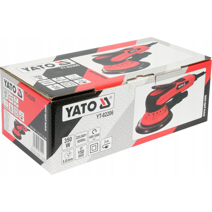 Lijadora excéntrica Yato, 150 mm, potencia de 350 W, velocidad de 4000-10 000 rpm, longitud del cable de 3 m, posibilidad de conectar un aspirador, YT-82206