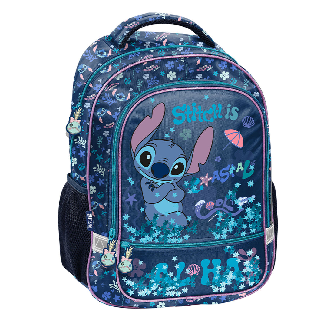 Set escolar Stitch Paso, mochila con dos compartimentos, elementos reflectantes y espalda rígida, estuche sin material y con asas para los utensilios, bolsa para zapatos que se puede colgar a la espalda, DS26XX