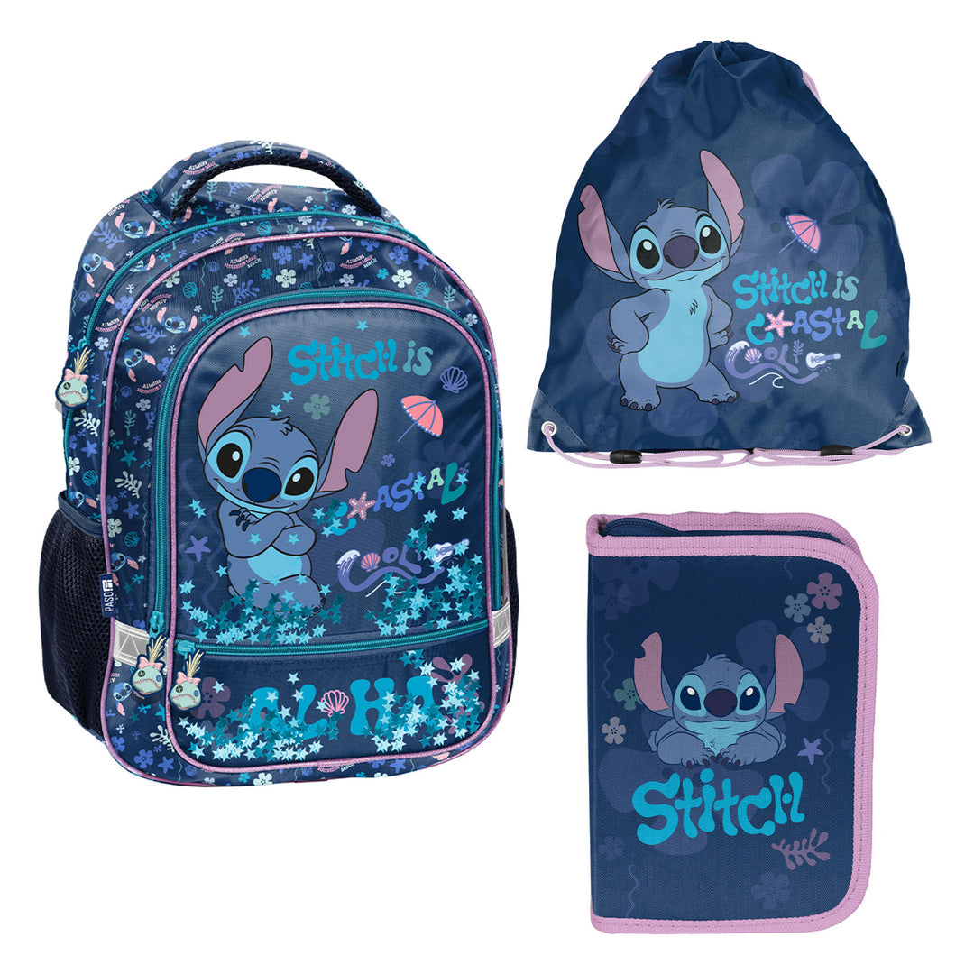 Set escolar Stitch Paso, mochila con dos compartimentos, elementos reflectantes y espalda rígida, estuche sin material y con asas para los utensilios, bolsa para zapatos que se puede colgar a la espalda, DS26XX