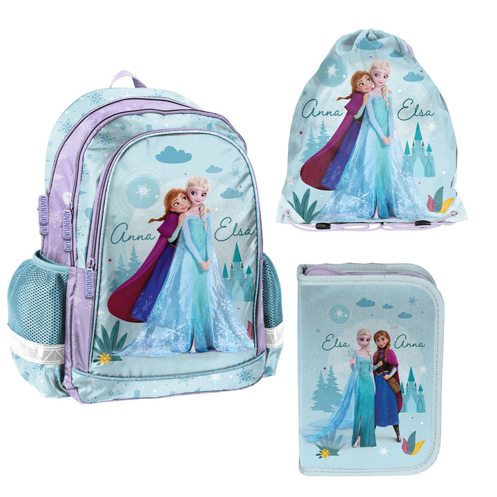 Set escolar Frozen Paso, mochila con dos compartimentos, tirantes ajustables y espalda rígida, estuche con accesorios y soportes para material escolar, bolsa para zapatos que se puede llevar a la espalda, DF26AA