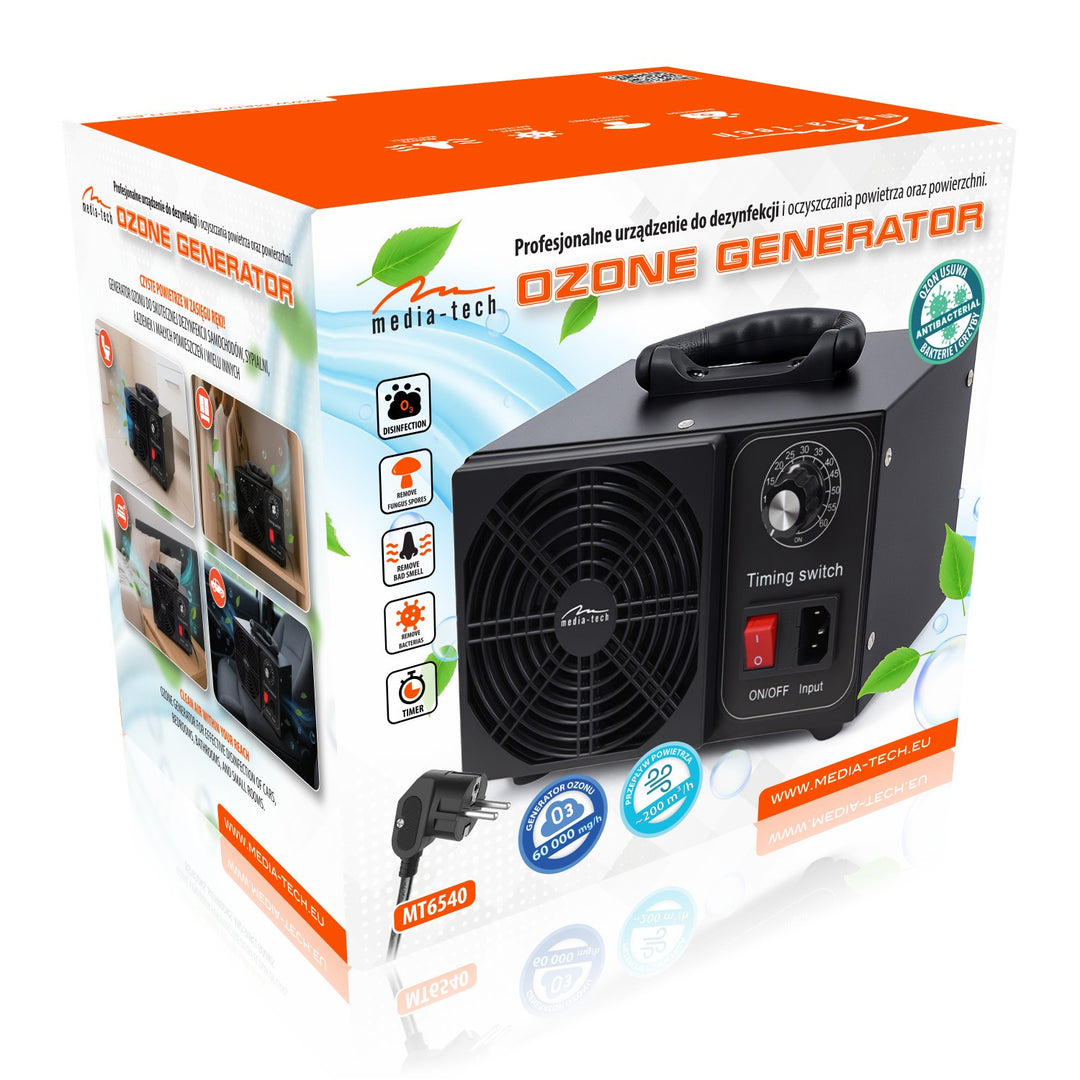 Generador de ozono profesional para la desinfección y purificación del aire, Mediatech, Emisión de ozono: 60 000 mg/h, temporizador, potencia: 140 W, carcasa metálica