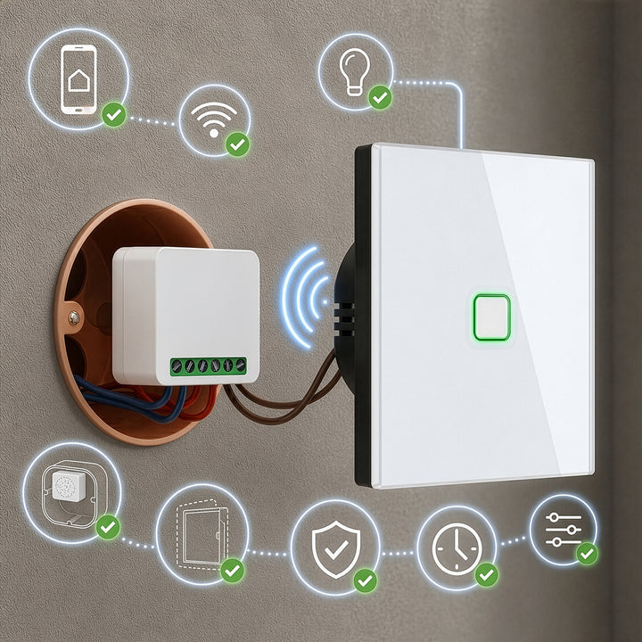 Relé WiFi empotrable GreenBlue, compatible con Android/iOS/Alexa/Google Home, 100-240 V CA, 50/60 Hz, máx. 16 A, para LED de 150 W, GB739, 4 unidades
