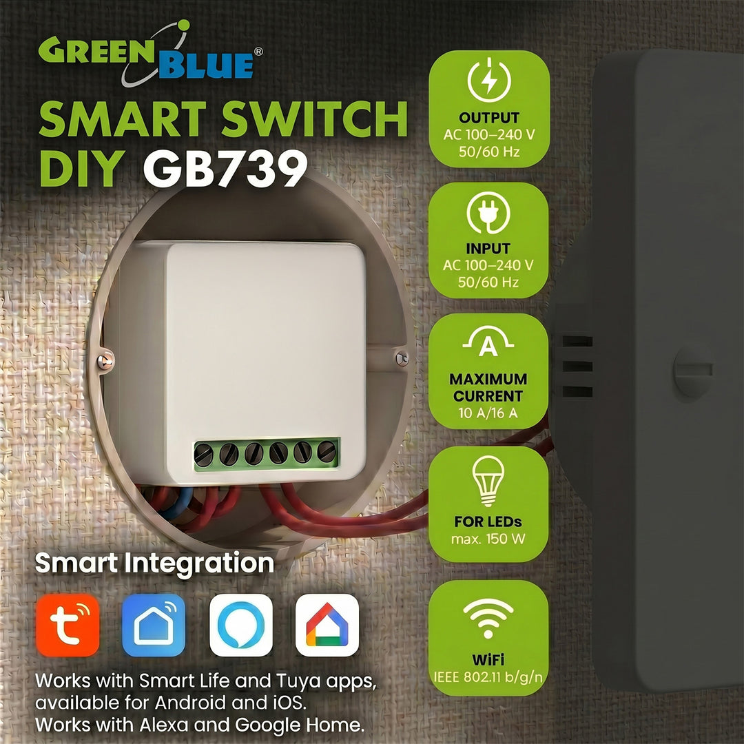 Relé WiFi empotrable GreenBlue, compatible con Android/iOS/Alexa/Google Home, 100-240 V CA, 50/60 Hz, máx. 16 A, para LED de 150 W, GB739, 4 unidades