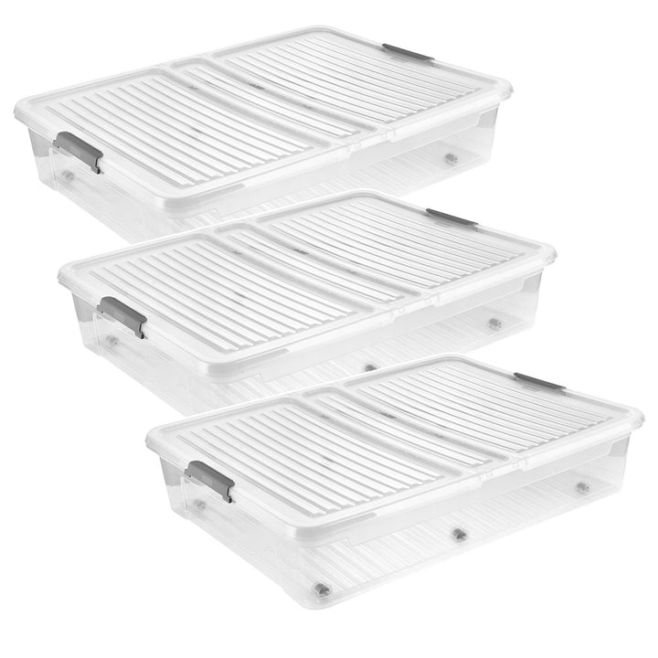 Contenedor con tapa Leo Keeeper, capacidad de 53 l, transparente, con ruedas, tapa con cierre de clips, 3 unidades